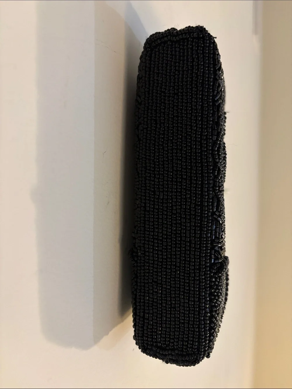 Small Black Beaded w metal Handle Evening Bag, satin lining